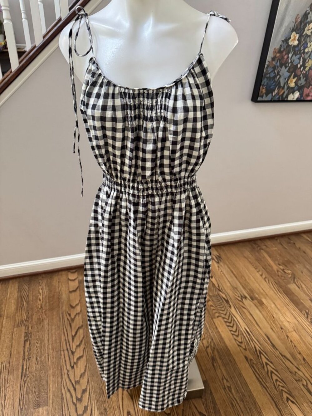 DÔEN DOEN Leslie Gingham Smocked Voile Midi Dress Black White Small - Picture 2 of 6